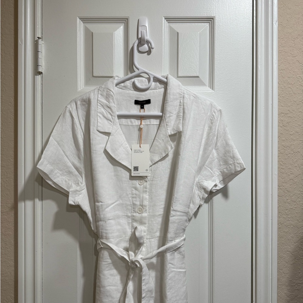 Quince White Linen Tie-Waist Dress